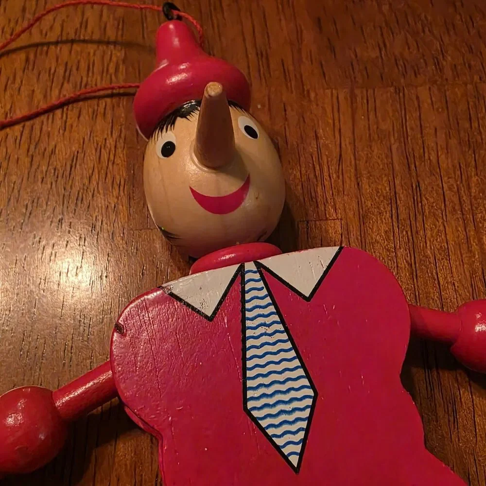 Vintage Wood Pinocchio Pull String Puppet Toy Jumping Jack Christmas Ornament